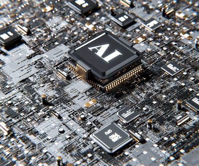 A photo of a computer chip on a motherboard with the letters Ai on it.