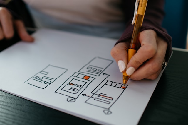 A person using an orange pen to color in some ux design wireframes.
