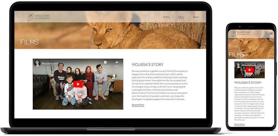 A website mockup with a laptop and mobile phone displaying the custom designed home screen of the Eagle Owl Documentaries website.