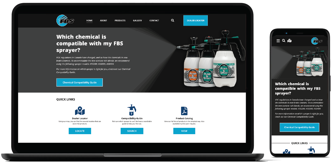 A website mockup with a laptop and mobile phone displaying the custom designed home screen of the FBS website.