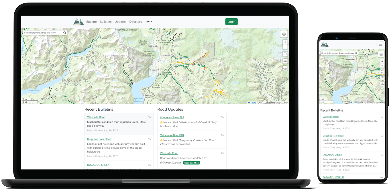 A website mockup with a laptop and mobile phone displaying the custom designed home screen of the Service Road Atlas website