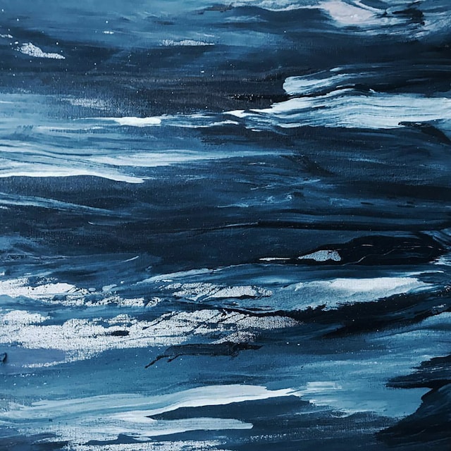 Soft acrylic painting with shades of blue, black and white.